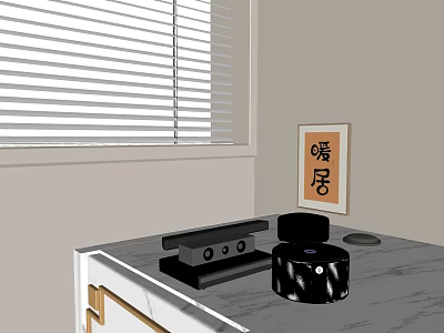 Black Audio System With Soundbar Subwoofer On Marble Countertop Near Window Blinds And Wall Art 3d model