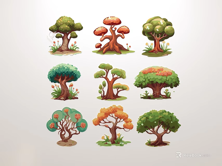 Floral Art Display Featuring Colorful Cartoon Tree Various Design Elements 3d model