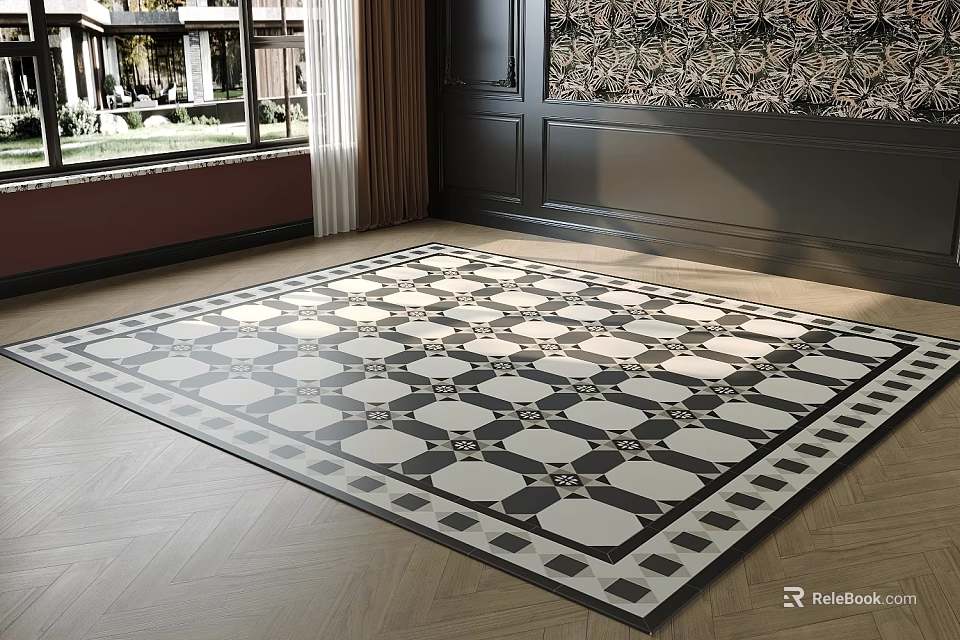 Square Black And White Geometric Rug In Elegant Living Room 3d model 