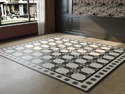 Square Black And White Geometric Rug In Elegant Living Room 3d model