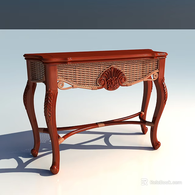 Traditional Wooden Console Table With Carved Details And Rattan Panel For Interior Decor 3d model 
