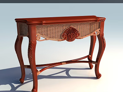 Traditional Wooden Console Table With Carved Details And Rattan Panel For Interior Decor 3d model