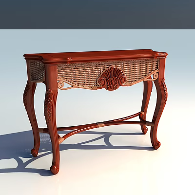 Traditional Wooden Console Table With Carved Details And Rattan Panel For Interior Decor 3d model