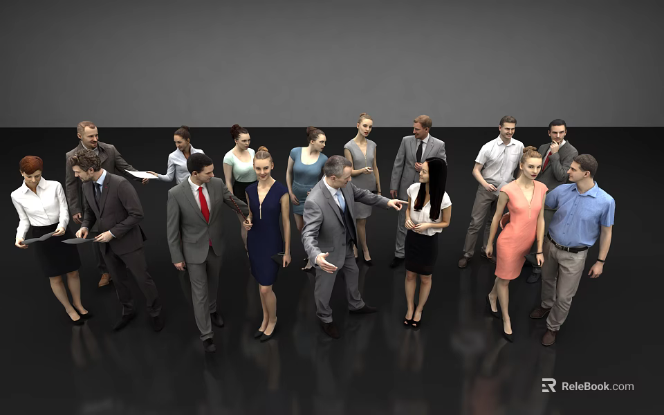 Group of People in Formal Attire Interacting and Discussing in Indoor Gray Setting 3d model 