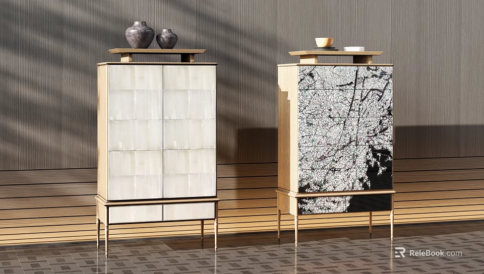 Elegant Modern Console Cabinets With White Square Panels And Floral Pattern Golden Legs 3d model 