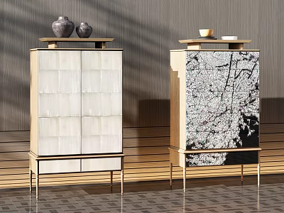 Elegant Modern Console Cabinets With White Square Panels And Floral Pattern Golden Legs 3d model