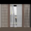 Modern Brown Beige Curtains With Sheer Layer And Natural Scenery Through Window 3d model