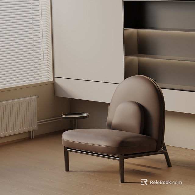 Modern Brown Leather Lounge Chair With Metal Legs And Side Table Near Window With Blinds 3d model 