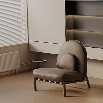 Modern Brown Leather Lounge Chair With Metal Legs And Side Table Near Window With Blinds 3d model