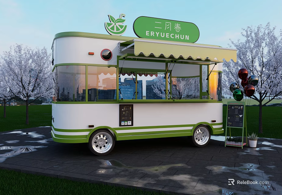 Green And White Milk Tea Truck With Awning Blackboard Menu And Balloons Outdoor 3d model 