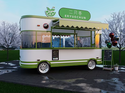 Green And White Milk Tea Truck With Awning Blackboard Menu And Balloons Outdoor 3d model