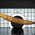 Bamboo Woven Boat Shaped Object Hanging Over Water With Grid Window Background 3d model