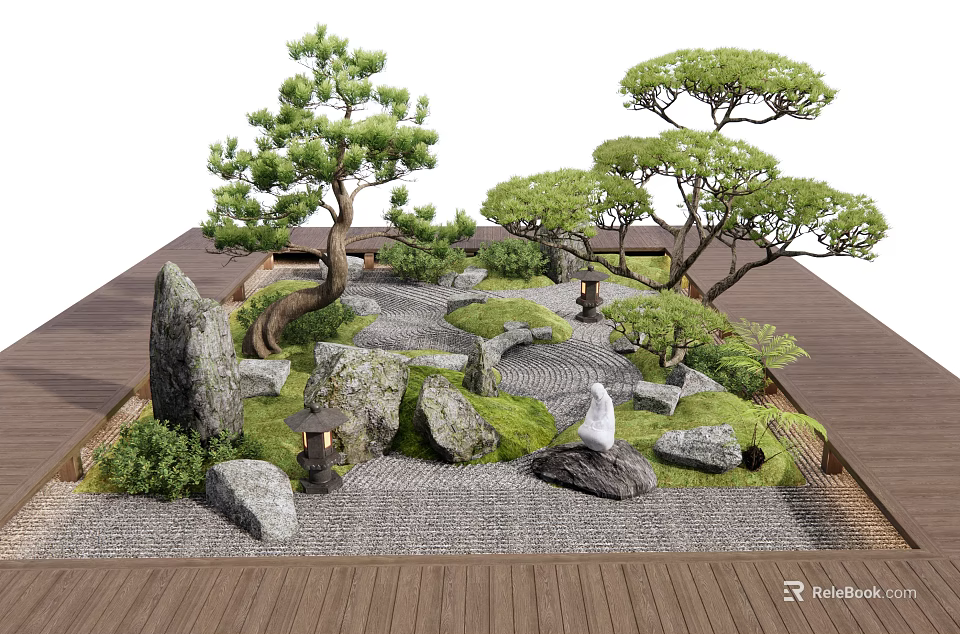 Japanese Style Courtyard Garden Featuring Pine Trees Stones Moss And Stone Lanterns 3d model 