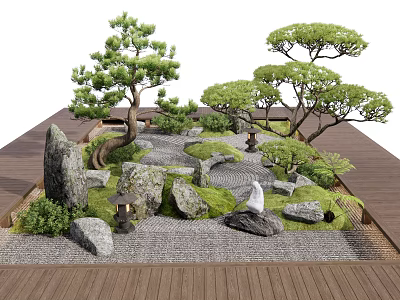Japanese Style Courtyard Garden Featuring Pine Trees Stones Moss And Stone Lanterns 3d model