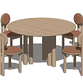 Round Light Wood Dining Table Set with Four Orange Cushioned Chairs 3d model