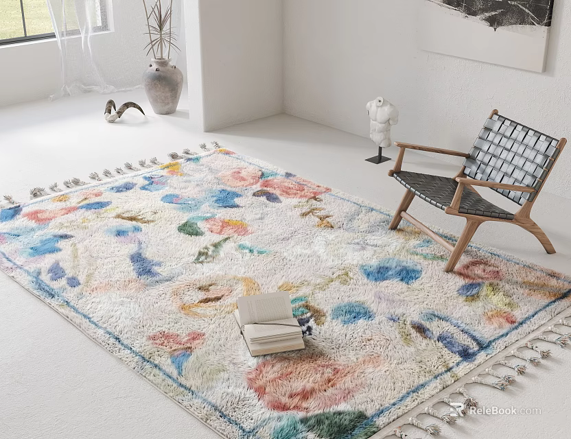Colorful Floral Pattern Square Rug With Fringes In Modern Living Room 3d model 