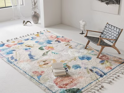 Colorful Floral Pattern Square Rug With Fringes In Modern Living Room 3d model