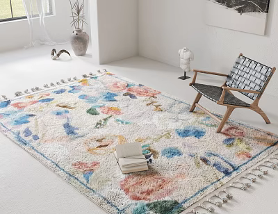 Colorful Floral Pattern Square Rug With Fringes In Modern Living Room 3d model