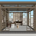 Traditional Chinese Interior Design Featuring Lattice Doors Round Mirror Long Table And Stools