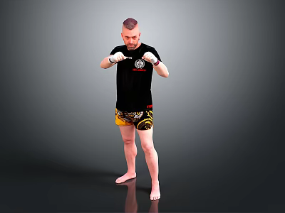Man In Black T Shirt And Yellow Shorts With White Boxing Gloves Training Stance 3d model