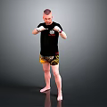 Man In Black T Shirt And Yellow Shorts With White Boxing Gloves Training Stance