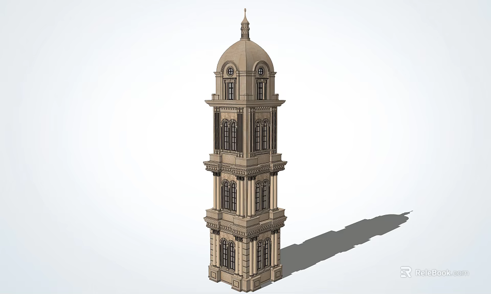 Historic Multi Story Tower With Dome Top And Arched Stone Windows 3d model 