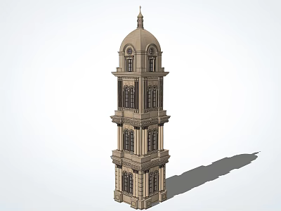 Historic Multi Story Tower With Dome Top And Arched Stone Windows 3d model