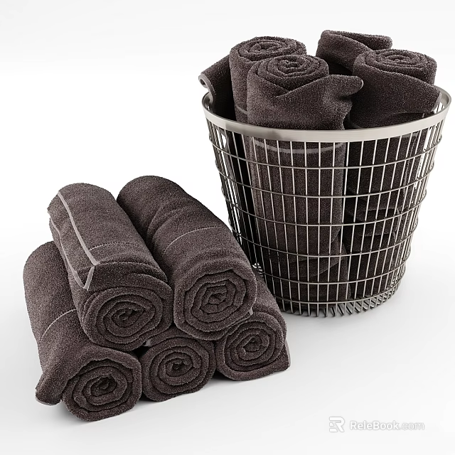 Brown Towels And Metal Mesh Basket For Washing Daily Necessities 3d model 