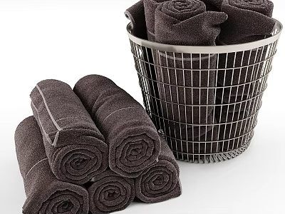 Brown Towels And Metal Mesh Basket For Washing Daily Necessities 3d model