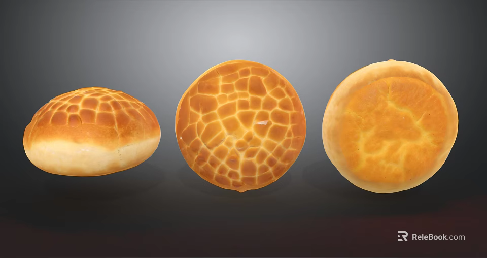 Three Freshly Baked Round Bread With Different Textured Golden Brown Crusts 3d model 