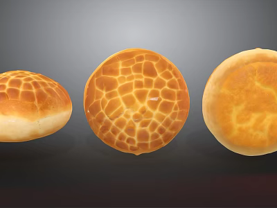 Three Freshly Baked Round Bread With Different Textured Golden Brown Crusts 3d model