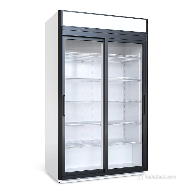 Commercial Double Door Display Cabinet With Transparent Glass Doors Black Frame And White Shelves 3d model 