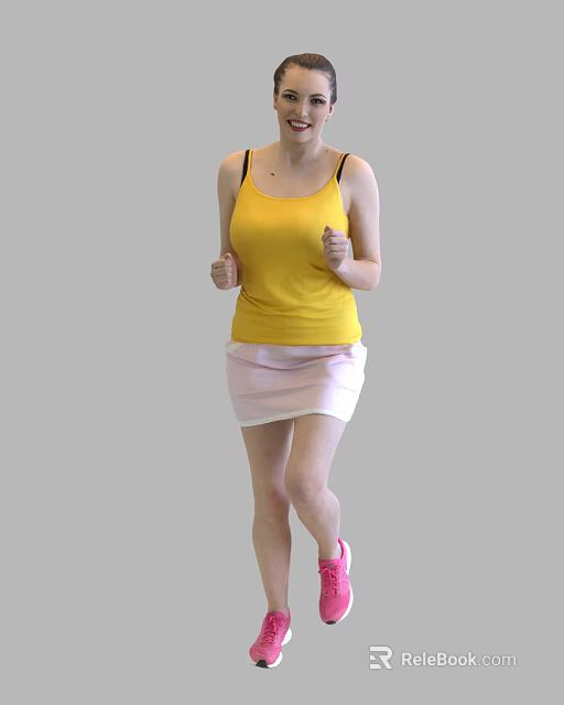 Woman Wearing Yellow Tank Top Pink White Skirt Jogging With Pink Shoes On Gray Background 3d model 