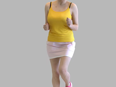 Woman Wearing Yellow Tank Top Pink White Skirt Jogging With Pink Shoes On Gray Background 3d model