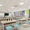 School Science Classroom With Bright Lights Wooden Tables Blue Chairs Shelves And Decorative Wall Art