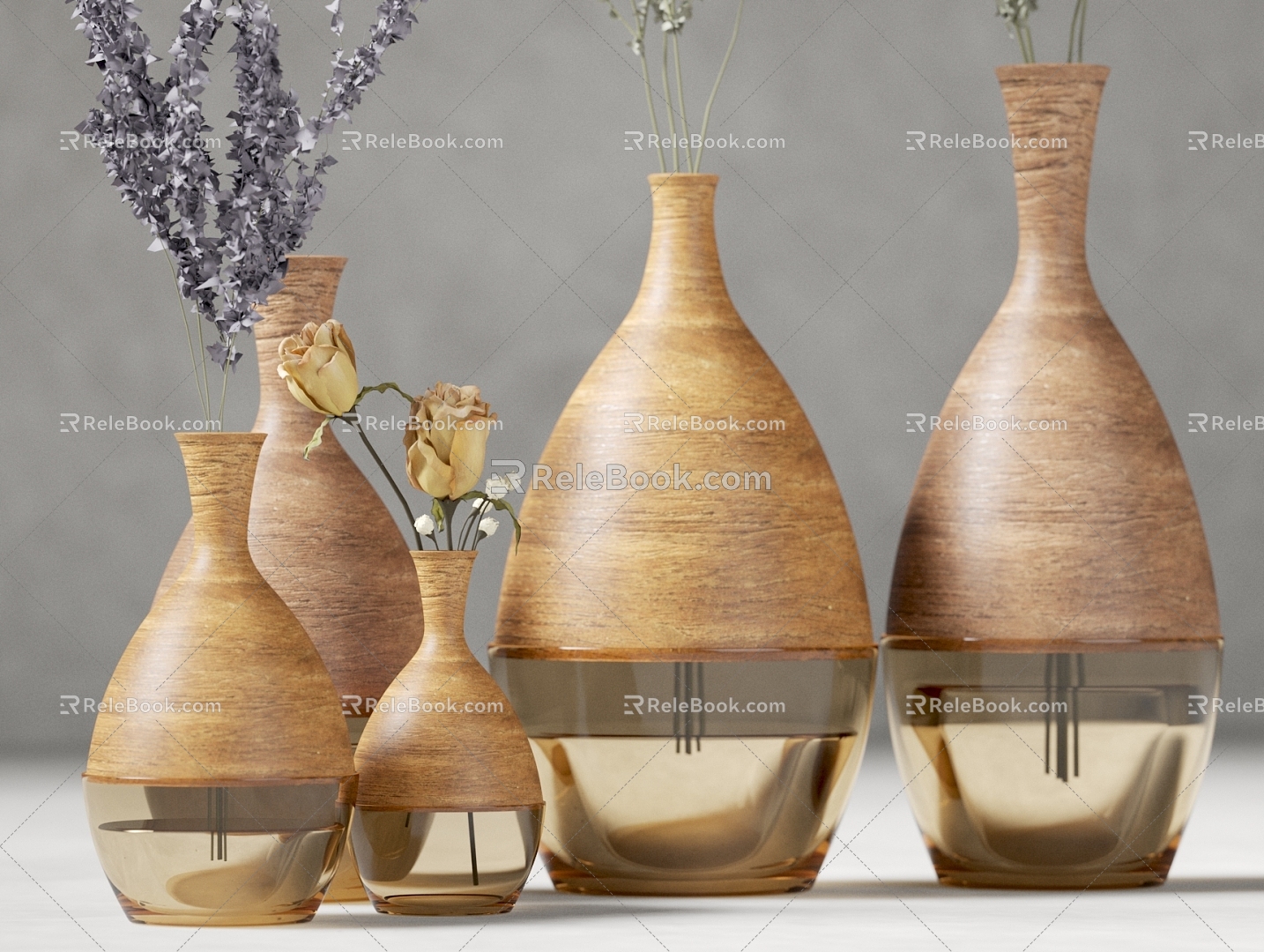 Vase Wooden Vase Glass Vase Dried Flowers Rose Dried Flowers Vase Zen Flower-arranging Wood Ornaments 3d model