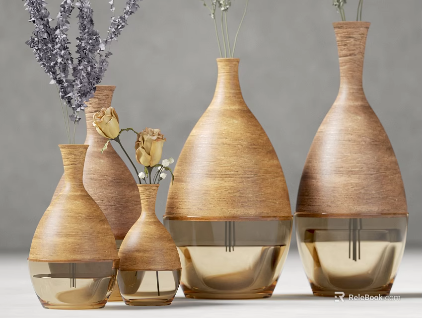 Wooden Vases With Lavender And Roses In Various Sizes And Wood Grain Design 3d model 
