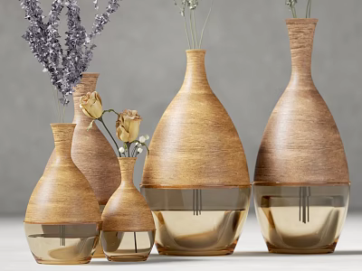 Wooden Vases With Lavender And Roses In Various Sizes And Wood Grain Design 3d model