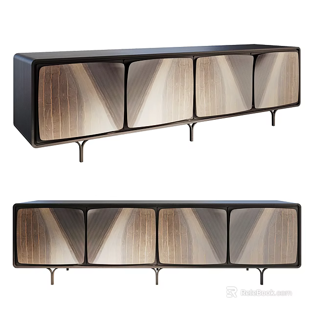 Modern TV Stand With Black Frame And Geometric Wood Panel Doors On Metal Legs 3d model 