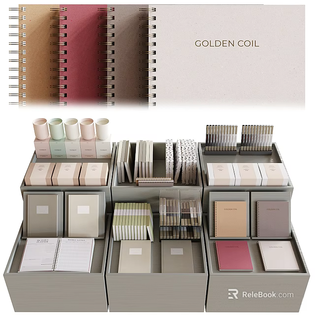 Display Of Golden Coil Notebooks With Diverse Styles And Colors 3d model 