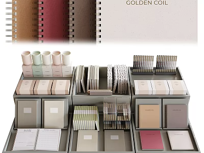 Display Of Golden Coil Notebooks With Diverse Styles And Colors 3d model
