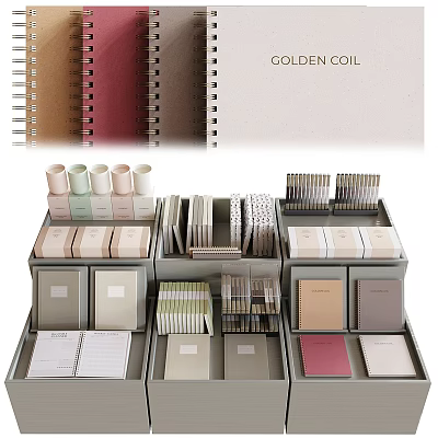 Display Of Golden Coil Notebooks With Diverse Styles And Colors 3d model