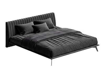 Modern Black Upholstered Double Bed With Tufted Headboard Pillows And Bedspread 3d model