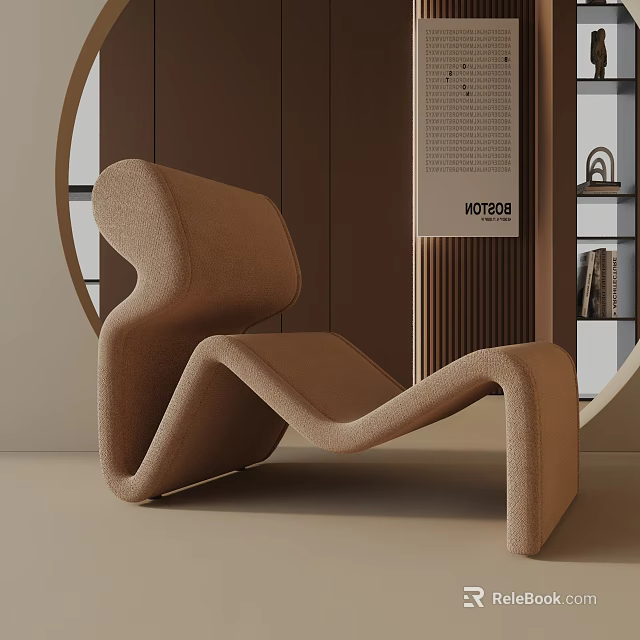 Modern Beige Lounge Chair with Unique Curved Lines Against Brown Wall and Bookshelf Decorative Art 3d model 
