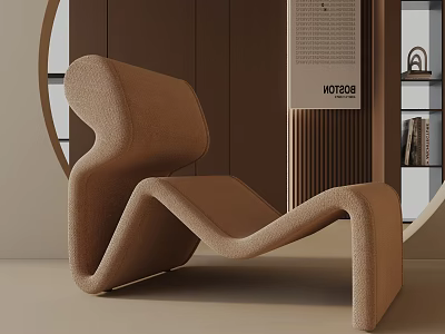 Modern Beige Lounge Chair with Unique Curved Lines Against Brown Wall and Bookshelf Decorative Art 3d model