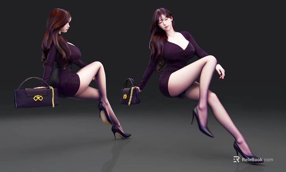 Woman In Purple Dress With Stockings High Heels And Black Handbag With Golden Decoration 3d model 