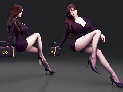 Woman In Purple Dress With Stockings High Heels And Black Handbag With Golden Decoration 3d model