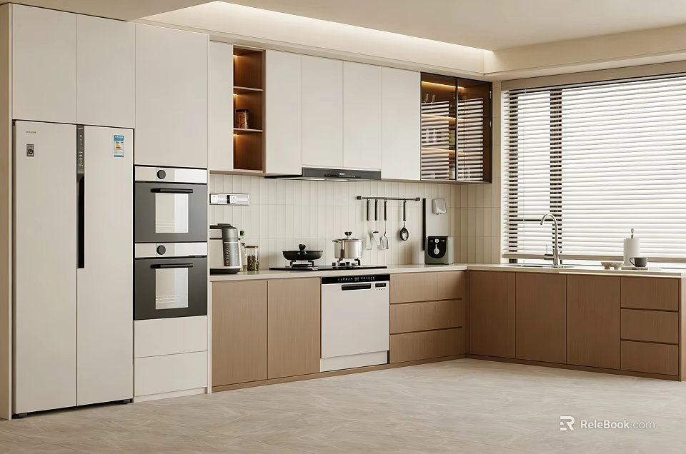 Soft Warm Modern Two Tone Kitchen With Built In Appliances And Ample Functional Storage Cabinets 3d model 