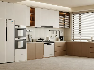 Soft Warm Modern Two Tone Kitchen With Built In Appliances And Ample Functional Storage Cabinets 3d model
