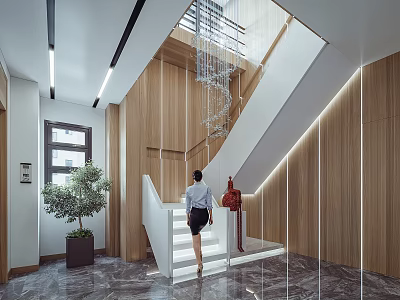 Modern Lobby Interior Featuring Staircase Woman Red Sculpture Green Plant Wooden Walls And Marble Floor 3d model